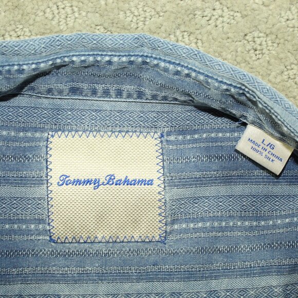 Vintage 90s Tommy Bahama Men's Size L 100% Silk Blue Striped Casual Button Down - Picture 3 of 5